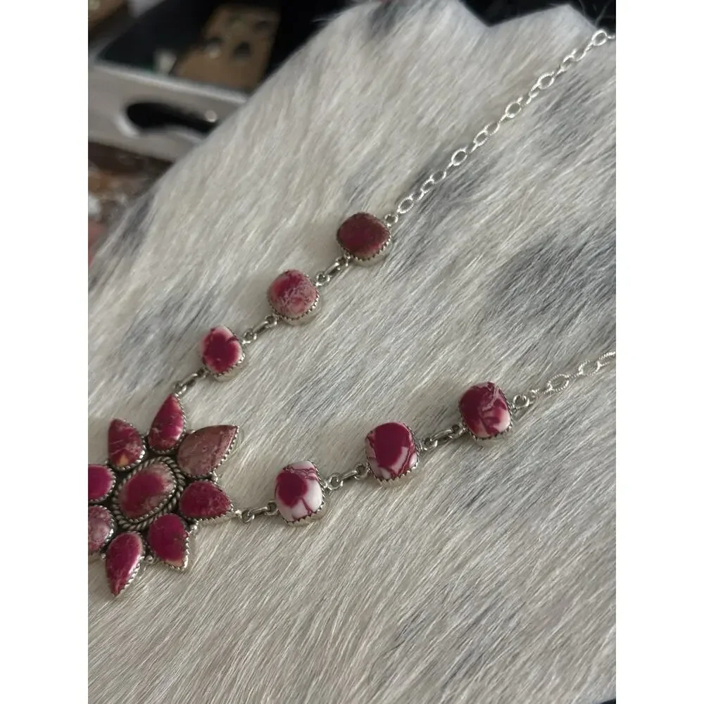 Native American SW Sterling Silver Pink Red Jasper Huge Cluster Necklace Lariat